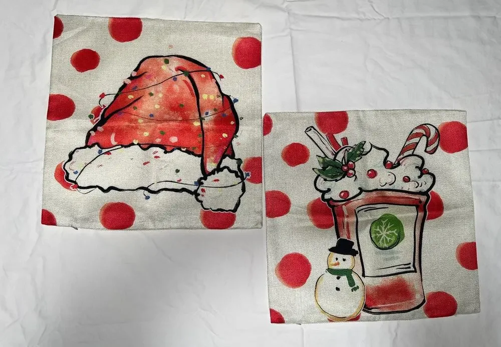 Set of 2 Christmas Throw Pillow Covers 17.5x17.5 Santa Hat Cocoa Holiday Zipper